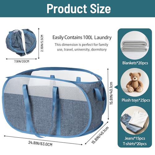Image of 100L Collapsible Laundry Baskets, Tear Proof Pop Up Laundry Hamper with Dual Handles, Large Foldable Laundry Basket, Easy to Carry Laundry Hamper for Home, Laundry Room, Bedroom, Dorm, Travel Blue