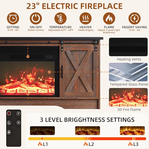 4 EVER WINNER Fireplace TV Stand with Fireplace, Sliding Barn Door, Adjustable Storage Cabinets, Farmhouse Entertainment Center with Fireplace for 65" TV, TV Stands for Living Room, Brown & Black