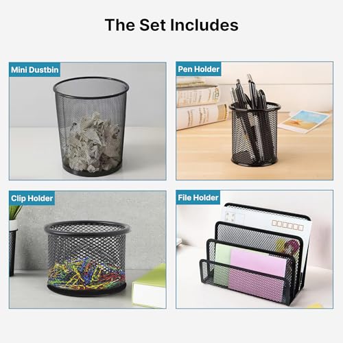 Image of The Better Home Set of 4 Desk Organisers | Pen Holder Clip Holder Dustbin File Holder | Metal Mesh Design | Multi-Purpose Office Supplies Organizer | Table Organizer for Office Desk