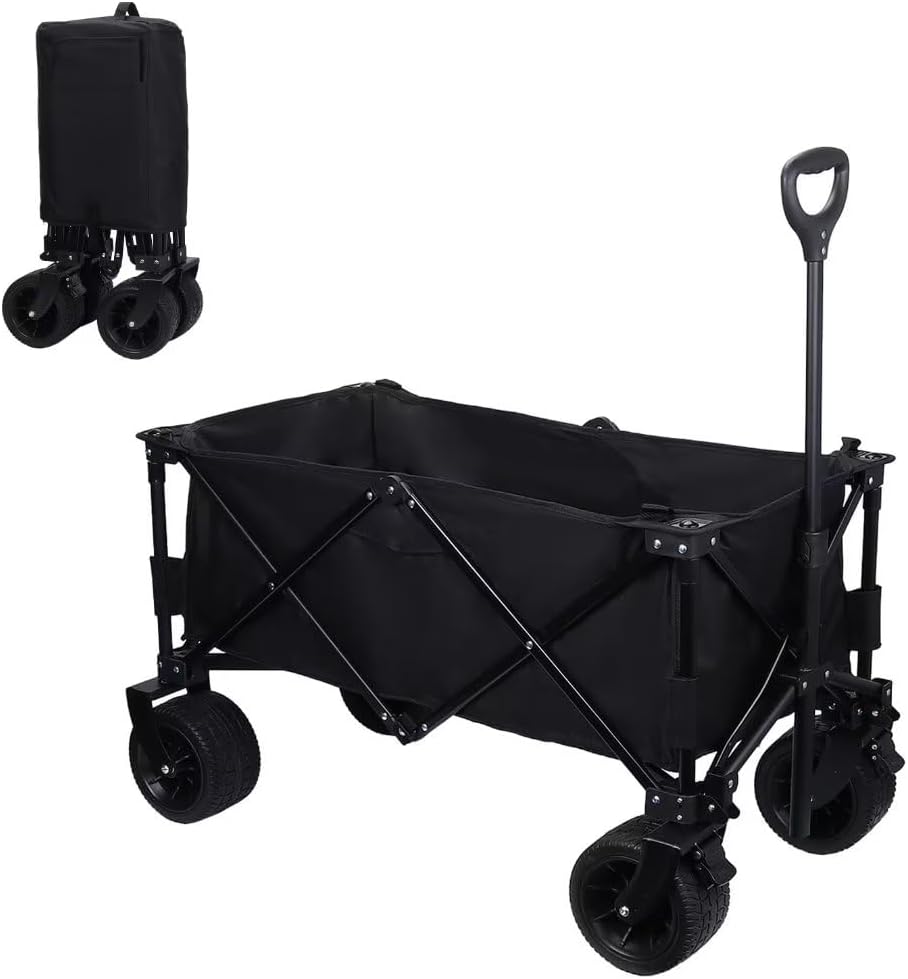 Collapsible Wagon Cart with Heavy Duty All Terrain Wheels,Foldable Garden Cart Utility Wagon with Adjustable Handle for Sports, Shopping, Camping,Black
