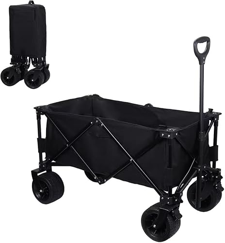 Carro plegable con ruedas todo terreno resistentes, carrito de jardín plegable con mango ajustable para deportes, compras, campamento, color negro