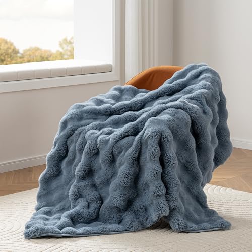 Image of Berkshire Faux Fur & Velisse Reversible Throw - Ultra Soft Plush Blanket for Couch and Bed, Luxury Fluffy Sofa Decor, 50" x 60", Polar Blue