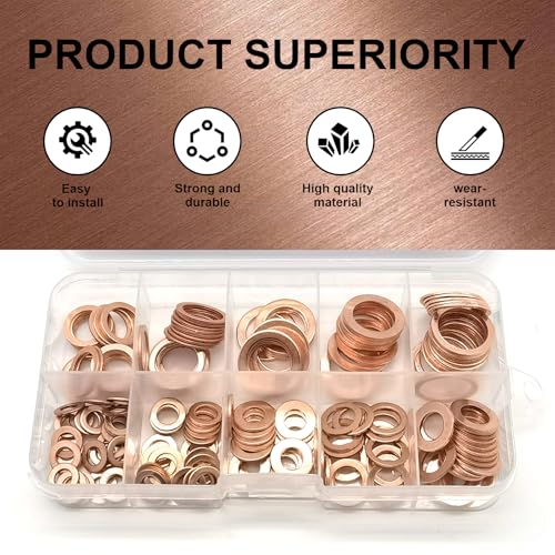 Image of Pack-200 Car Flat Gasket Combination Set, Oil Pan Plug Leak-Proof Sealing Gaskets, M5 M6 M8 M10 M12 M14 9 Specifications Copper Metric Washers with Storage Box, Universal for Most Cars (Gold)