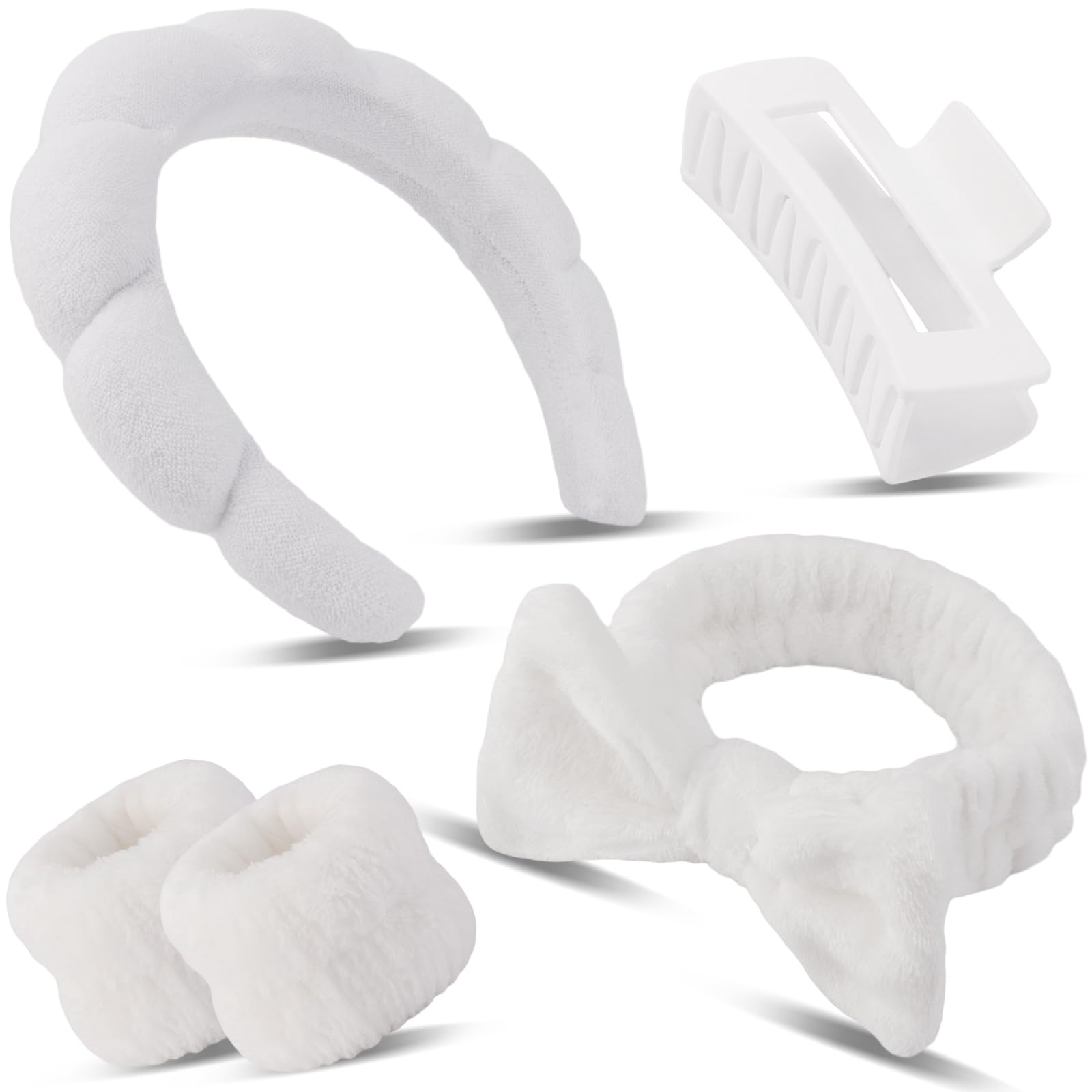 Canitor Spa Headband Wrist Bands with Hair Clips White Non Slip Puffy Terry Cloth Makeup Skincare for Washing Face Skin Care Preppy Teen Girl Gifts