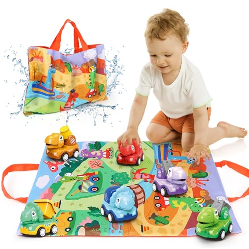 ZHUOYOU Dinosaurios Juguetes de Dinosaurios para Coche, 6 Piezas Dino Empujar e IR Coches con Alfombra de Juego y Bolsa de Almacenamiento, Bebé Cumpleaño Regalo para 3 4 5 Años