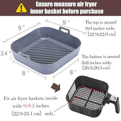 Golden Associate Silicone Liners Square for Air Fryer, 2 Pcs Non-stick Food-grade Reusable Basket Silicone Pot Baking Tray Airfryer Accessories, Top Size 9 inches, Bottom Size 8 inches