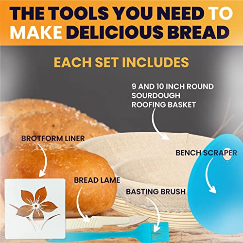 Bread Banneton Proofing Basket Set | 9” & 10” Round Baking Bowl Kit For Sourdough | Includes Dough Scraper, Bread Lame, Brotform Cloth Liner, Basting Brush (Blue) #TOP3