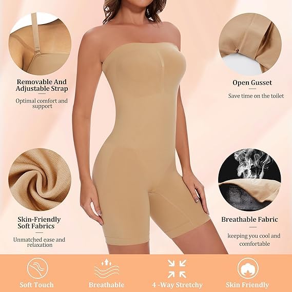 Image of Women's Seamless Tummy Control Shapewear Bodysuit with Adjustable Straps | Slimming Full Body Shaper with Shorts | Body Compression for Under Dresses (Pack of 2)