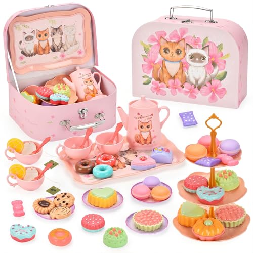 yozhch Tea Party Toy Set with Cupcakes, Tray, Kids Tea Set for Girls Party Toddlers Role Play Boys Pretend Kitchen Food Toys Playsets, Children's Birthday Gifts, Pink (Cat)