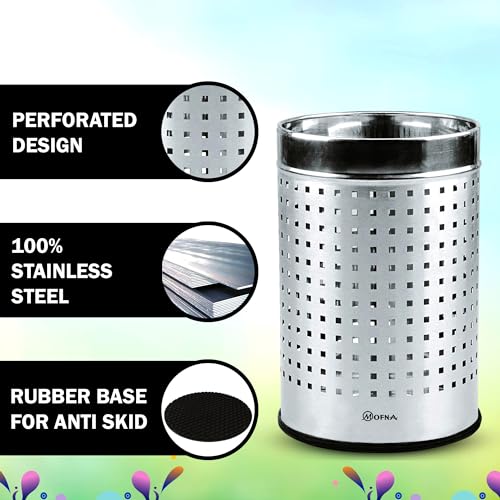 Image of mofna Stainless Steel Square Perforated Dustbin, Garbage Bin Paper Bin For Home, Bedroom, washrooms, Office, Kitchen, Bathroom (10 inchx14 inch inch - 18-Liter (Silver)