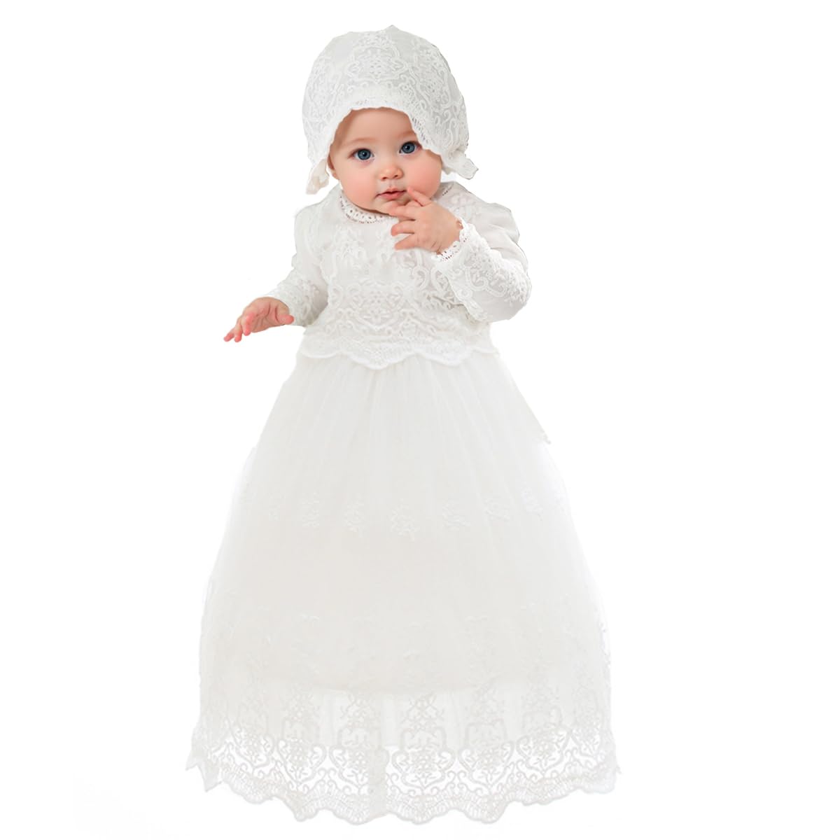 CAMDOM Baby Mädchen Spitze Taufkleid Langarm Prinzessin Taufe Party Kleid mit Hut