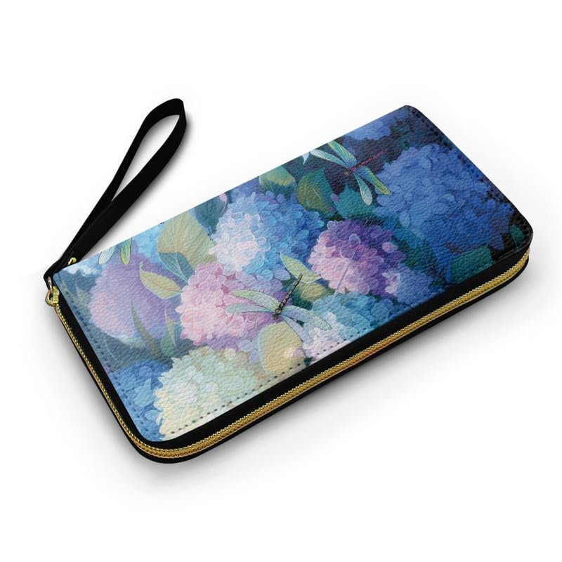 Hydrangea Flowers Wallets PU Leather Slim Wallet for Women, Dragonfly Floral Cards Holder Organizer Purse Handbags, Zipper Pocket for Coins2