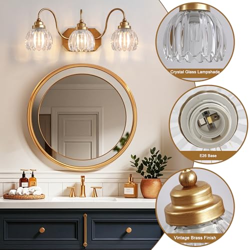 Image of Vintage Gold Bathroom Light Fixtures, 3 Light Clear Tulip Crystal | Brushed Gold Vanity Lights,Matte Antique Brass Finish, Mid Century Style,Wall Sconces for Bedroom,Hallway, Easy to Install
