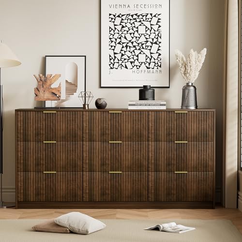 Image of Furniway 3 Piece Bedroom Set, 9 Drawer Dresser and 3-Drawer Nightstand Set of 2 with Gold Handles, Mid-Century Modern Wood Chest of Drawers Storage Cabinet for Bedroom, Walnut