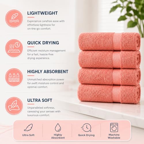 Image of Sulfar 100% Combed Cotton, Quick Drying Highly Absorbent, Luxury Hand Towel Set (Pack of 4, 40 X 70 cm) Coral Pink