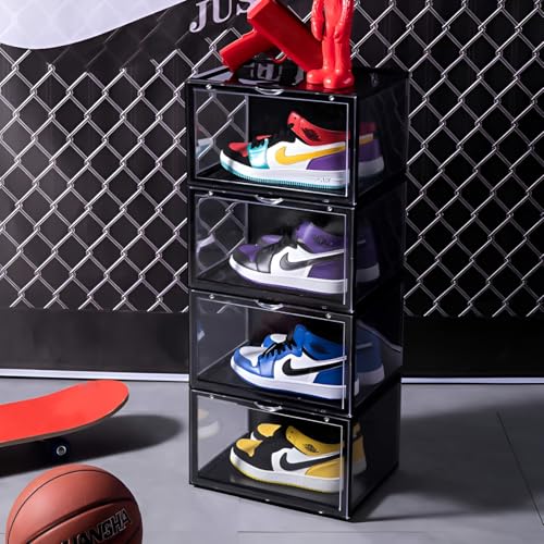 Image of NYALKARAN Shoe Storage Organizer Box for Sneakers - Transparent, Heavy Duty, Stackable with Magnetic Door - Large Plastic Shoe Box for Men & Women, Multipurpose Storage (Black, PACK OF 5)
