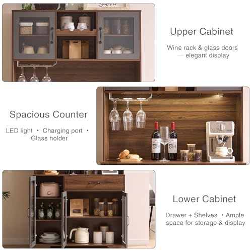 Image of Fatmok 71 inch Tall Pantry Cabinet with Glass Doors, Kitchen Hutch Storage Cabinet, Coffee Bar & Liquor Cabinet with Charging Station & LED Lights, Wine Rack, Adjustable Shelves&Large Drawer, Brown