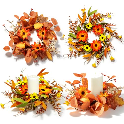 Image of 4 PCS 3 Inch Fall Floral Candle Rings Wreath Thanksgiving Candle Holder Rings Mini Artificial Autumn Wreath with Pumpkins Daisy for Table Centerpieces Farmhouse Fireplace Cabinets Wall Window Decors