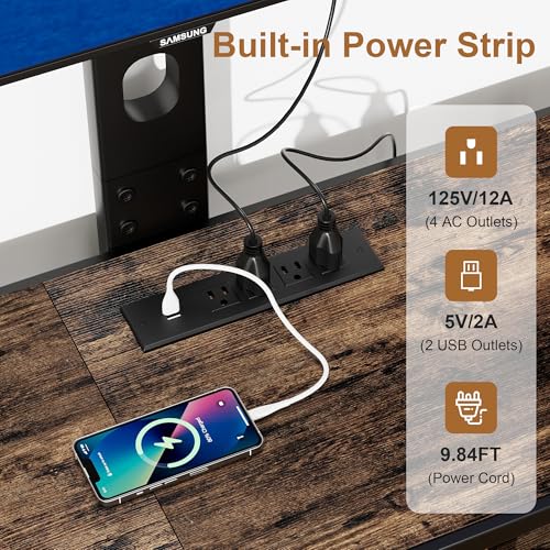 Image of VECELO TV Stand with Mount and Power Outlet, Height Adjustable Entertainment Center with Storage Shelves for 55 /65 /70 /75 /80 inches Televisions, Console Table for Living Room, Bedroom, Rustic Brown