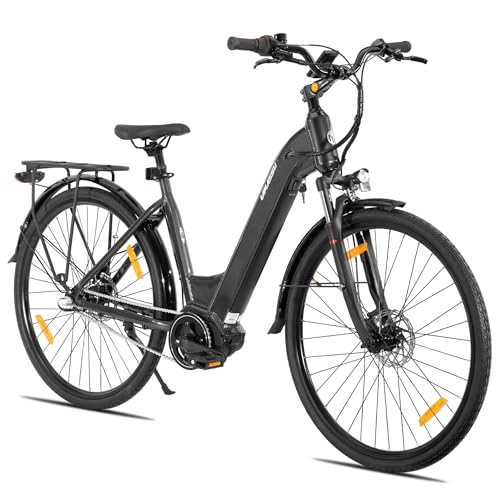 HILAND Overstreet Damen E-Bike 28 Zoll, Elektrofahrrad mit 250W Motor & 10,4Ah Akku, Aluminiumrahmen, Hydraulische Scheibenbremsen, 3-Gang Nabenschaltung, City Trekking E-Bike, Grau