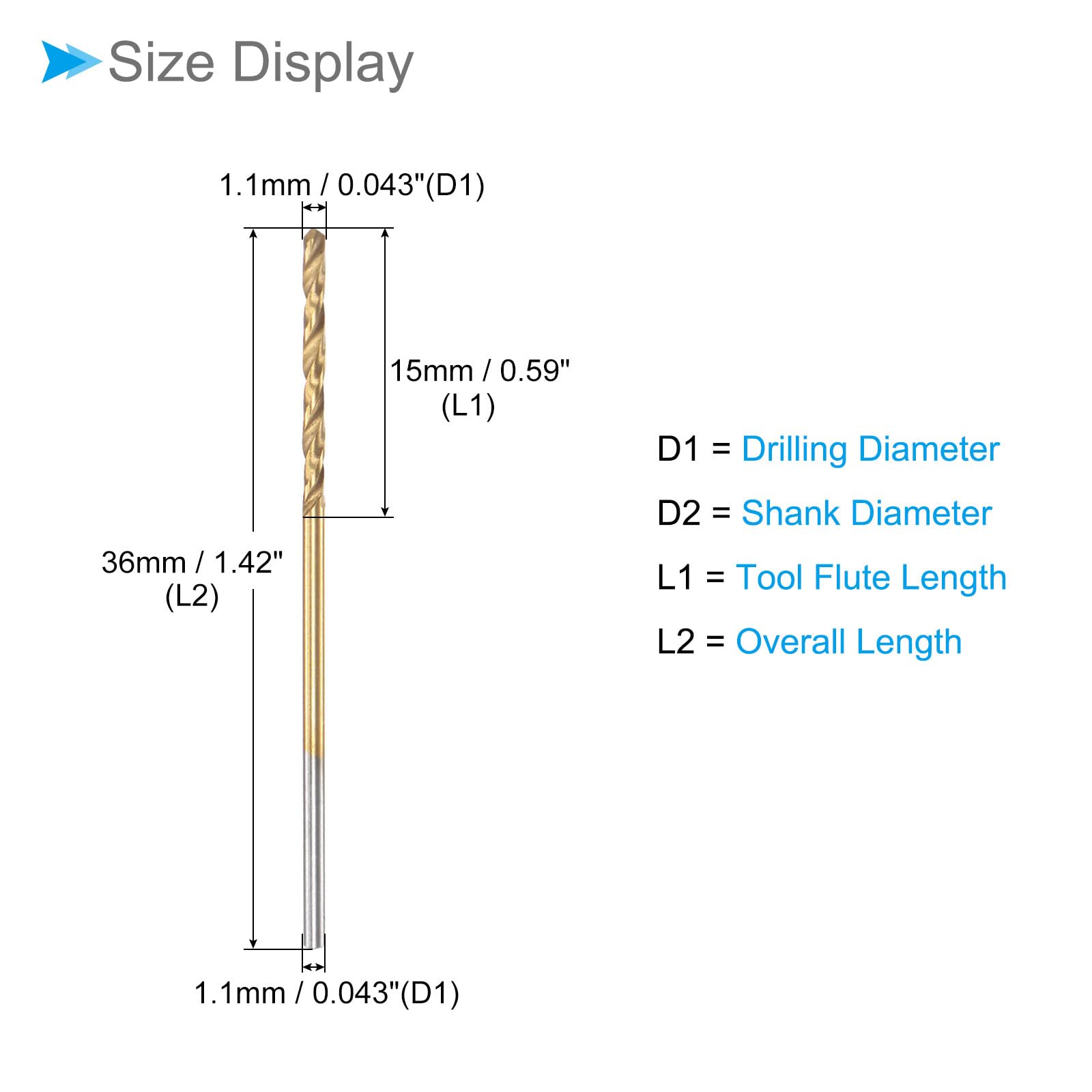 CoCud Twist Drill Bits, 1.1mm Drilling Diameter, Titanium Coated High Speed Steel 6542 Straight Round Shank - Image 2