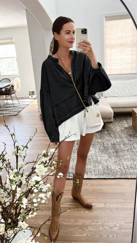 PLNOTME Womens Denim Tops Pullover Trendy Casual V Neck Loose Fit Puff Sleeve Jean Cotton Shirts - Image 3