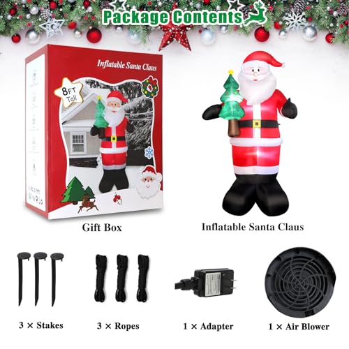 8FT Christmas Inflatable Santa Yard Decors, Blow Up Santa Claus with Christmas Tree in Hand & Green, Built-in Bright LED Lights for Holiday Display Lawn Garden Party Decorations