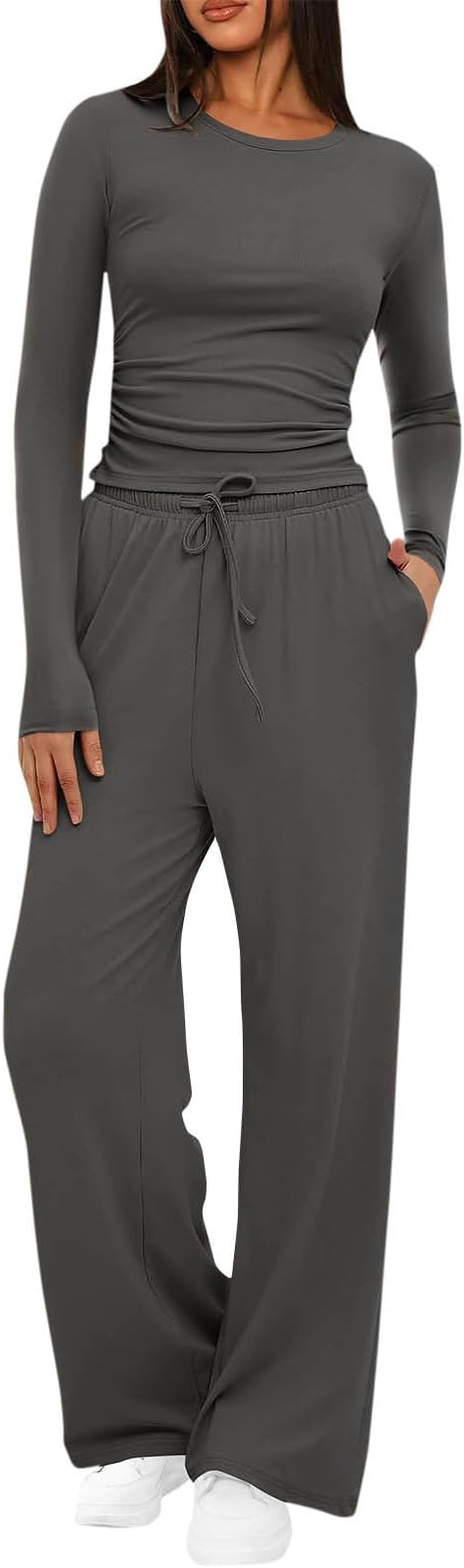 AMhomelyWomen's Tracksuit Two Piece Outfit Skims Dupe Long Sleeve Crop Top and Low Rise Flare Pants Set Lounge Sets 2 Piece Y2k Outfits Yoga Trousers Lounge Sets