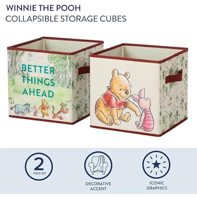 Idea Nuova Disney Winnie the Pooh Storage Cubes,Set of 2 Durable Fabric Bins with Handles, 10x10x10, Collapsible Organizers for Kids' Room, Nursery & Closet