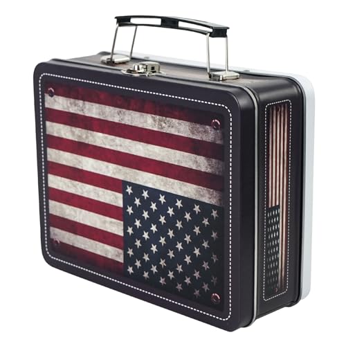 Luwint Tin Storage Box with Handle Small Metal Fun Box Retro Sturdy Tin Box Patriotic Keepsake Case with Lid (US Flag)