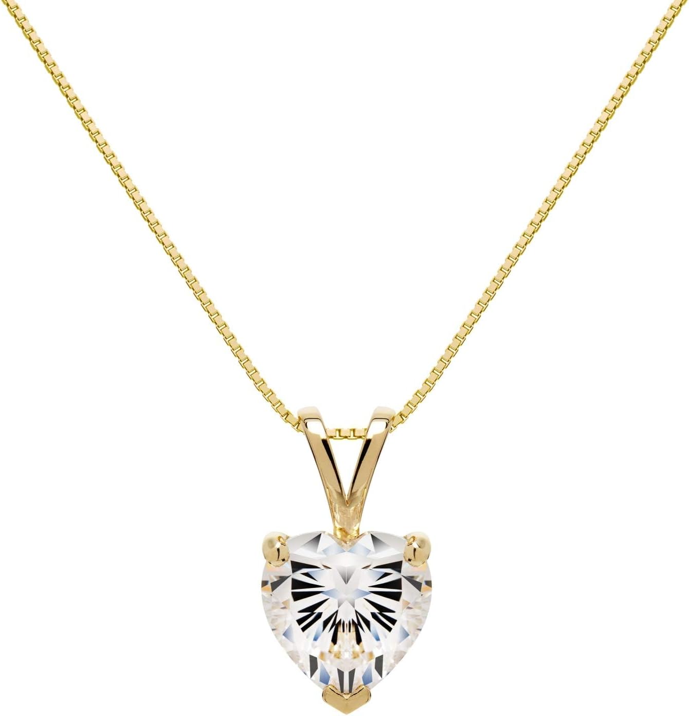 Solid 14K Gold Cubic Zirconia Solitaire Pendant Necklace for Women Heart, Princess, Round, Oval, Emerald, Pear & Cushion Cut 1 or 2 CTW | .60mm Thick 16" 18" Length Box Link Chain