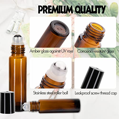 HTHOOOOOME 10ML Roller Bottles for Essential Oils, 12Pack Essential Oil Roller Bottles, Amber Glass Roll-On Bottles with Stainless Steel Roller Balls, 1 Opener, 2 Droppers, 1 Funnel - Thumbnail 3