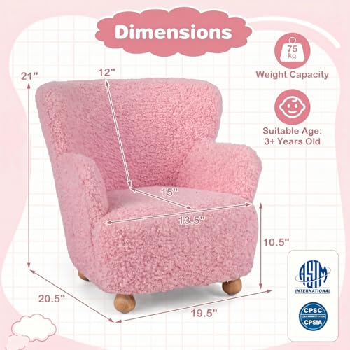Image of KOTEK Comfy Toddler Chair, Sherpa Kids Armchair with Rubber Wood Legs, Children Reading Chair for Boys & Girls, Upholstered Kids Sofa for Playroom Bedroom Nursery (Light Pink)
