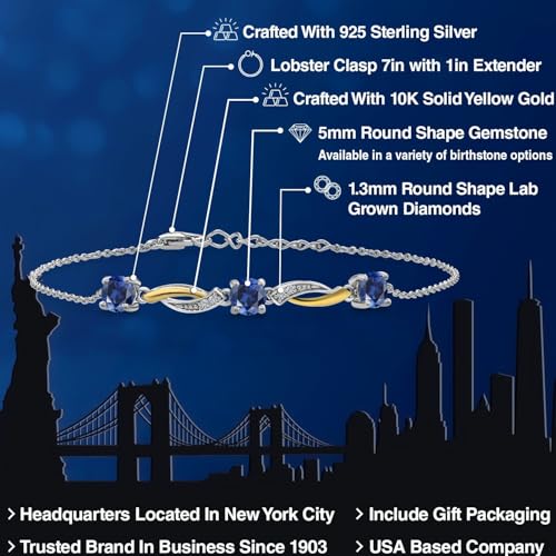 Gem Stone King Tennis Bracelet For Women | Round 5MM Gemstone Birthstone and White Moissanite | 925 Silver and 10K Yellow Gold | 7 Inch with 1 Inch Extender | Fine Jewelry Gifts for Her Mom Women Wife2