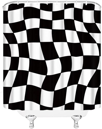 Miniatura 3 de Cortina de ducha a cuadros en blanco y negro, retro, estética, abstracta, de los años 60 y 70, tela hippie para decoración del hogar, juego de