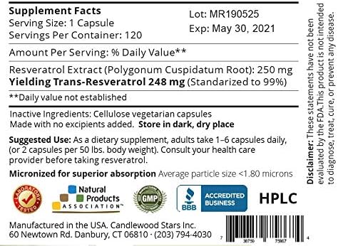 Miniatura 2 de Mega Resveratrol, Grado farmacéutico, 99% puro, trans-resveratrol micronizado, 120 cápsulas, 250 mg por cápsula. Certificado de pureza.