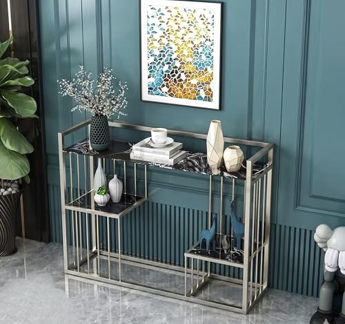 Image of Modern Console Table for Living Room, Entryway Console Table with Faux Marble Top, Metal Frame Sofa Table, Narrow Hallway Table, Luxury Accent Table for Bedroom, Office & Home Decor (Black Grey)
