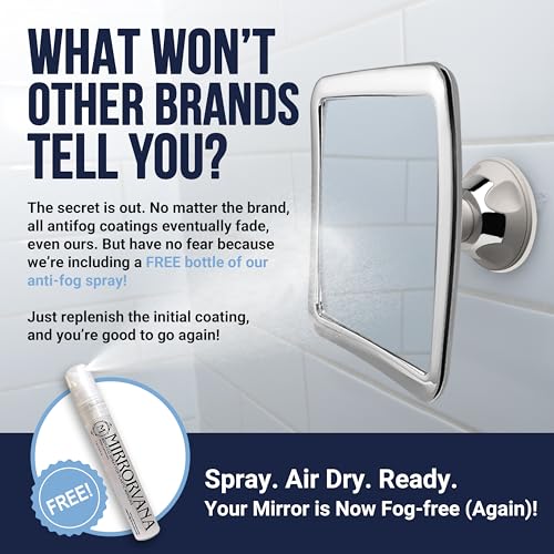 Image of MIRRORVANA Fogless Shower Mirror for Shaving with Upgraded Suction-Cup, 1X Magnifying, 6.3 x 6.3 Inch (Chrome Frame, Grey Suction)
