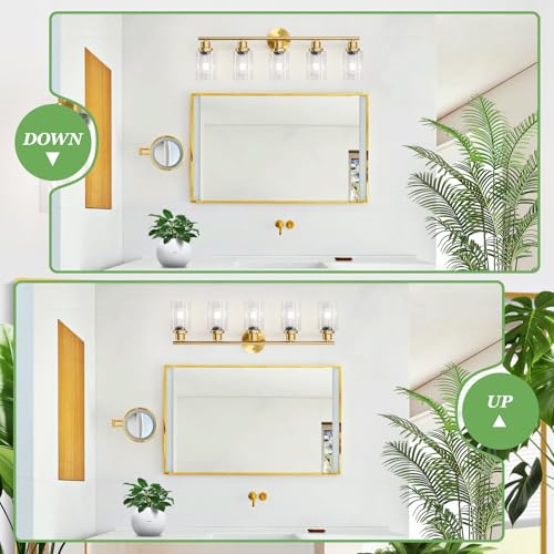 Image of 5-Light Bathroom Vanity Lights, E26 Modern Brushed Gold Bathroom Light Fixtures with Clear Glass Shade, Mirror Kitchen Hallway Cabinet Living Room Sconces Wall Lights