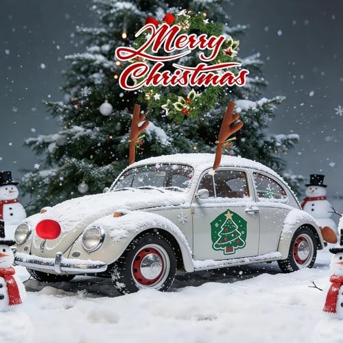 Image of Christmas Car Reindeer Antlers with Red Nose, Tail & Jingle Bells Kit, Vehicle Xmas Decoration Rudolph Reindeer for SUV, Van, Truck