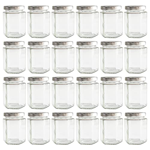 GPK4ALL 190ml 6oz Hexagon Glass Jars Pack of 24 Sets With Silver Lids for Jam Honey Jelly Candy Candle Wedding Favors Baby Shower Spice Crafts Party Favors Samples
