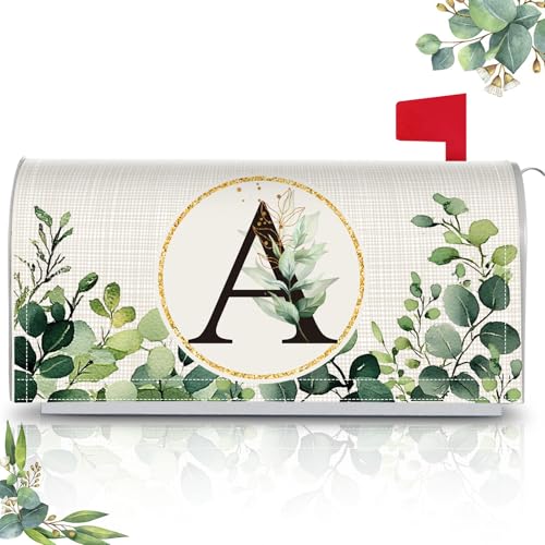 Image of Tiamon Monogrammed A Mailbox Covers Magnetic Eucalyptus Welcome Letter Box Wrap Standard Size 21x18 Inch Spring Summer Leaves Mailbox Decor Eucalyptus Letter Numbers Decoration for Outdoor Garden Yard