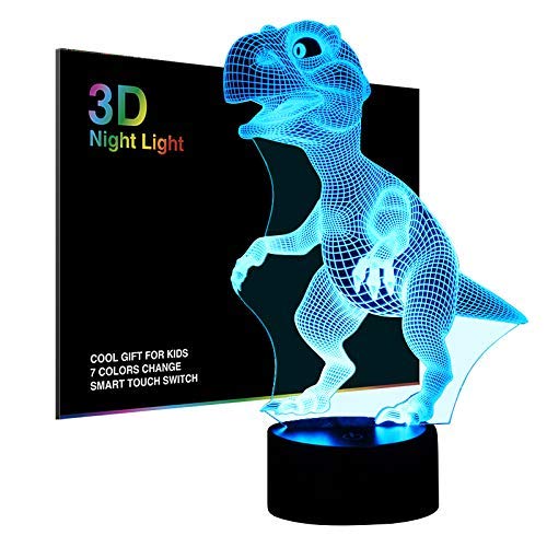 Tiscen 3D Illusion Night Light, LED Table Desk Lamps, Dinosaur Nightlights, 7 Colors USB Charge Lighting Bedroom Home Decoration for Kids Christmas Halloween Birthday Gift,Plastic