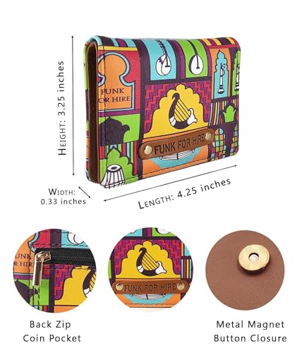 Image of Funk For Hire Vegan Leather Slim Minimalist Wallet for Men Women with Printed Cartoon Design 6 Card Slots Cash Compartment Coin Pouch Compact Lightweight Purple Faux Leather