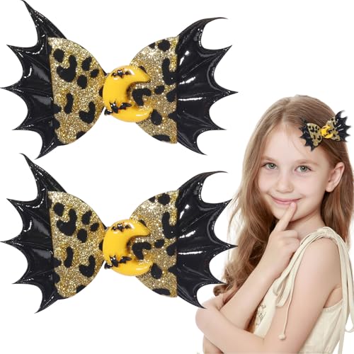FULANSI ハロウィン リボン ヘアクリップ ブラック バット ウイング リボン ヘア バレッタ 3D 月 リボン ヘアアクセサリー 女性用 ガールズ グリッター ヒョウ柄 アリゲーターヘアピン ハロウィンパーティー用 コスプレ装飾 2個