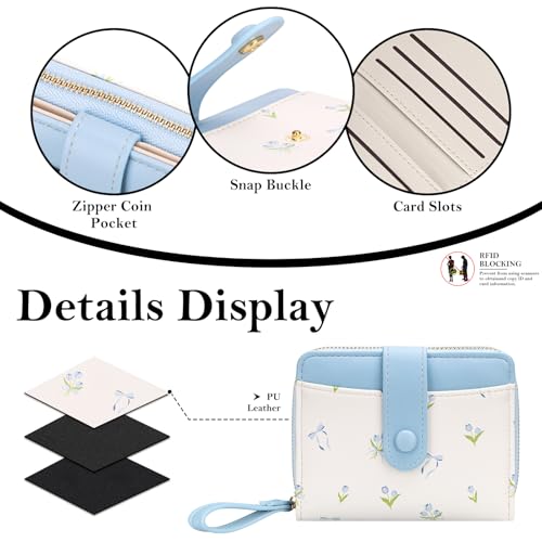 Image of BIAOTIE Wallet for Women Cute Floral Flower Wallet RFID Credit Card Holder Purse Small Bifold Zipper Coin Pocket Purse with ID Windows (T- Blue)
