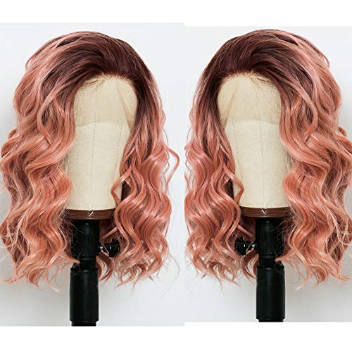 Andria Hair Ombre Pink Color Short Bob Lace Front Wigs Glueless Natural Wave Synthetic Heat Resistant Fiber Hair Wig With Baby Hair For Women Dark Root Ombre Pink 16 Inch