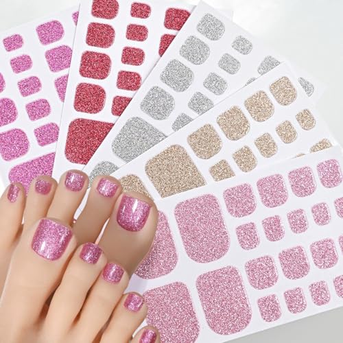 Toe Full Nail Wraps Gel Nail Stickers Solid Pink Purple Glitter Nail Full Wrap Nail Polish Strips 5PCS Red Gold Silver Self-Adhesive Toe Nail Decals for Women DIY Manicure Nail Art Decorations