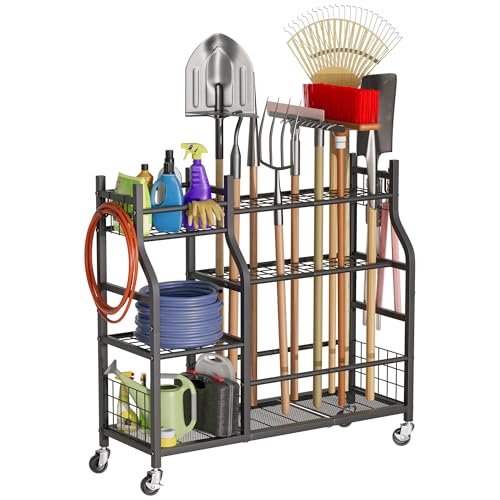 Garden Tool Organizer with Wheels and Side Hooks