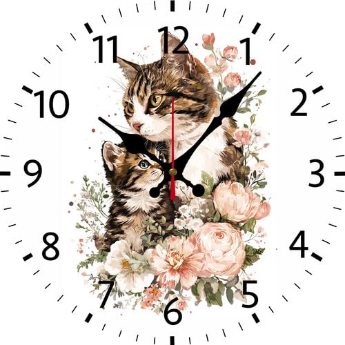 Geroclonup Cat Wall Clock Kitten Clocks Battery Operated Non Ticking Silent Quartz Analog 25cm Wooden Farmhouse Round Clock Funny Decor for Home Kitchen Living Room Bathroom